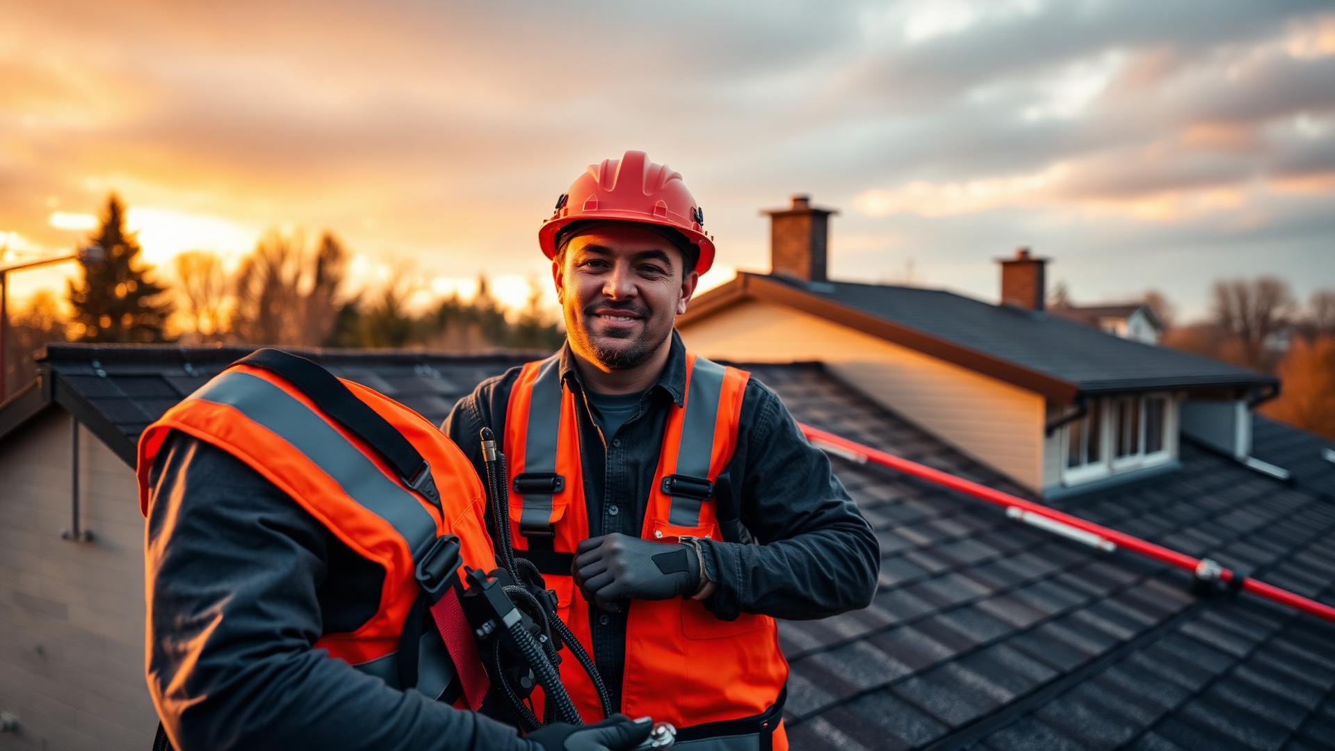 Roofing contractor working at golden hour